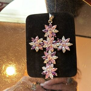 Floral Cross Pendant Necklace in Pink and Purple